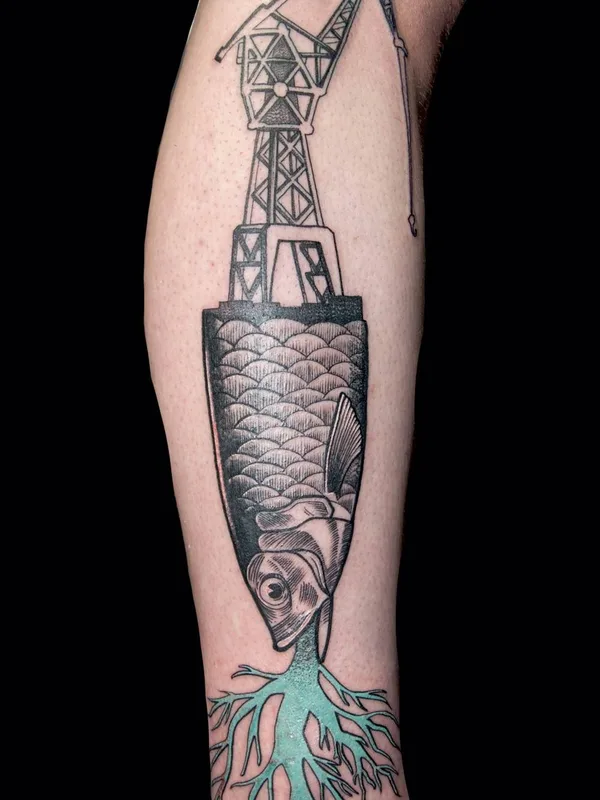 black and grey illustrative tattoo on calf #22731 | Tattoo Artist Marcin Pawlus