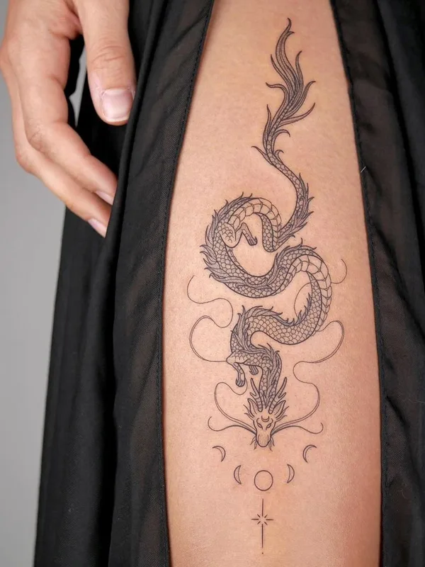 female black linework татуировка на thigh #47365 | Тату мастер Nameless