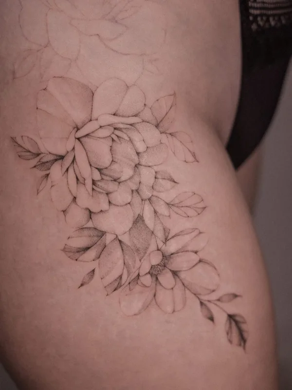 female black and grey fineline Tatuagem em thigh #47461 | Tatuador Анна anhen_tattoo