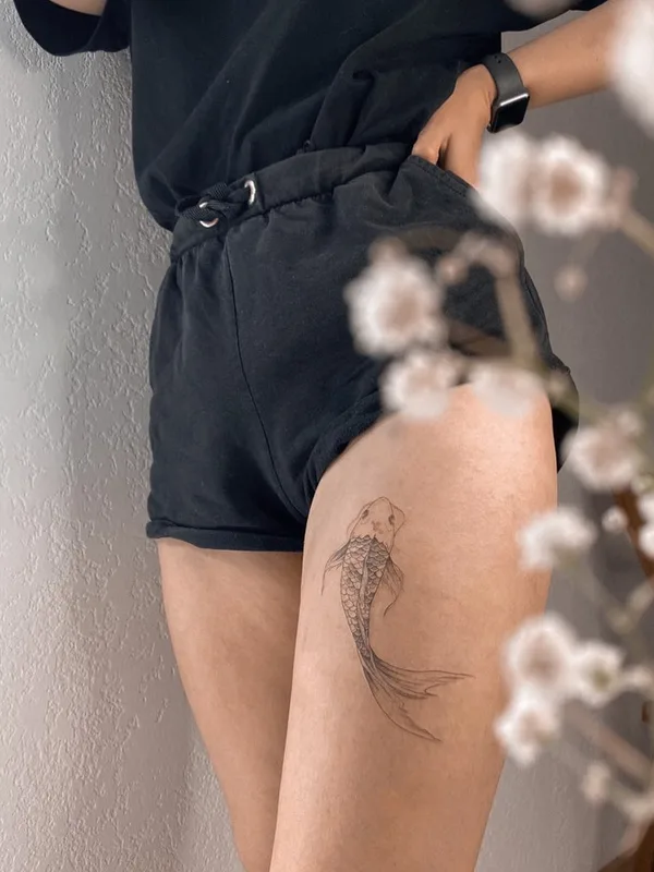 female black linework татуировка на thigh #47542 | Тату мастер Алиса Эйсмонт