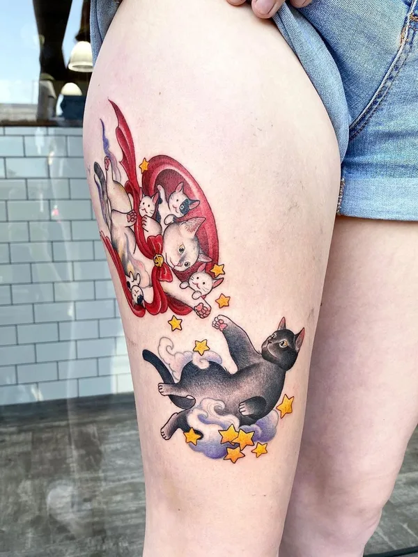 female color illustrative tattoo auf thigh #35188 | Tätowierer KIERA