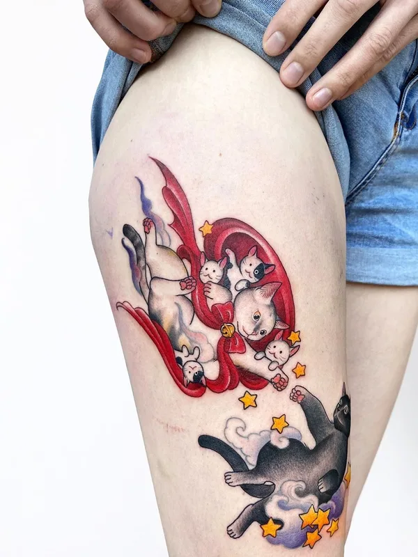 color illustrative tattoo auf thigh #35187 | Tätowierer KIERA