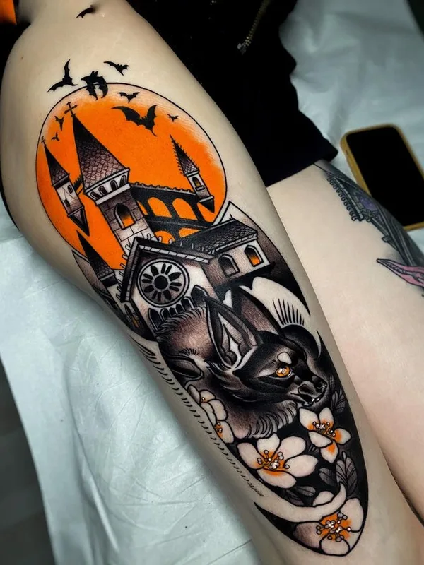 color neo traditional tattoo auf thigh #66934 | Tätowierer Elena Mignani