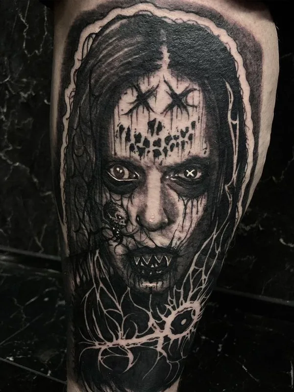 black and grey blackwork tattoo on thigh #66955 | Tattoo Artist Jyrke Savolainen