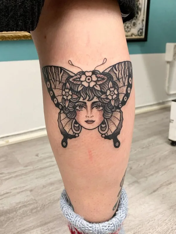female black and grey neo traditional tattoo on calf #66979 | Tattoo Artist Outi Vihlman