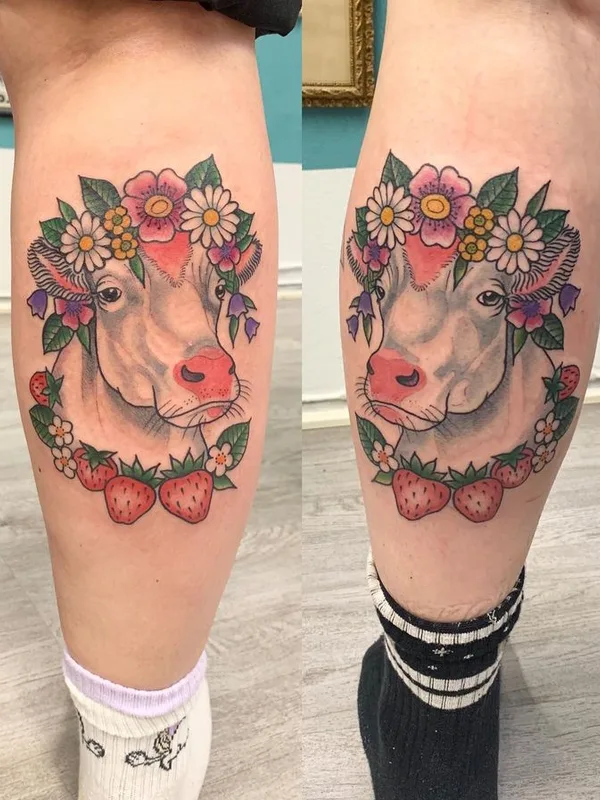 color illustrative tattoo on calf #66973 | Tattoo Artist Outi Vihlman