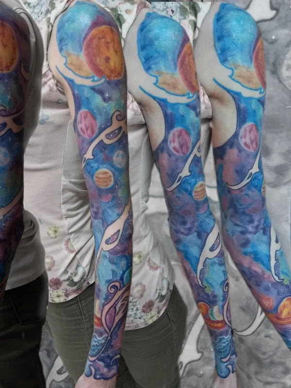 color watercolor татуировка на full sleeve #39675 | Тату мастер Сергей Копылов