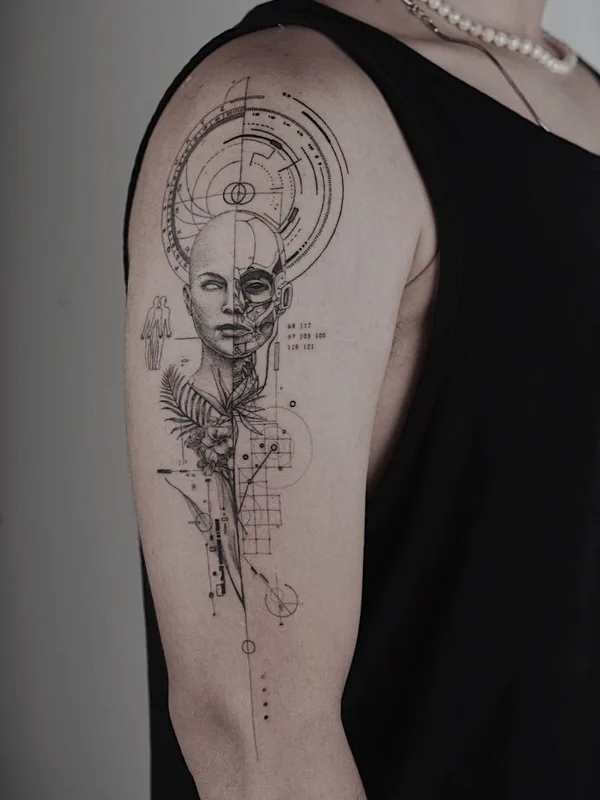 black and grey biomechanical 纹身 在 upper arm #41501 | 纹身师 Arie