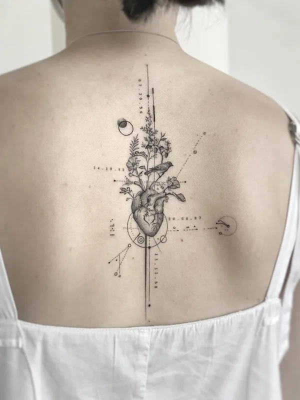 female black and grey fineline 纹身 在 upper back #41492 | 纹身师 Arie