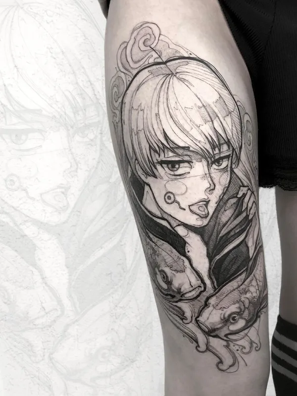 black and grey anime татуировка на thigh #43046 | Тату мастер Виталий Яковлев