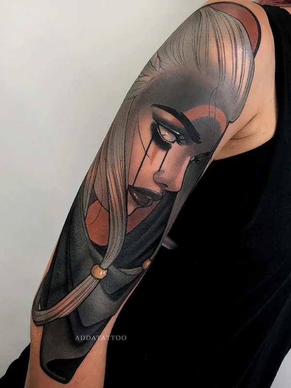 female black and grey illustrative татуировка на full sleeve #43088 | Тату мастер Алина Гокк