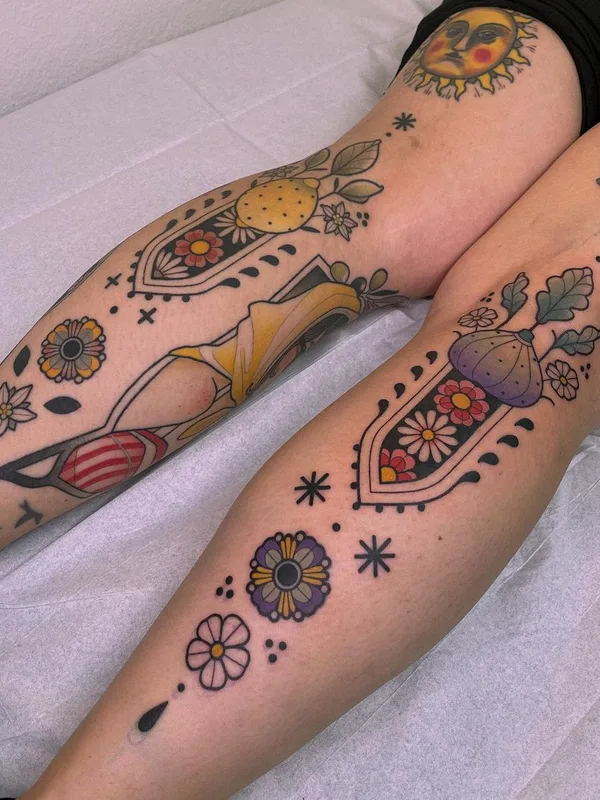 color neo traditional татуировка на calf #60745 | Тату мастер Katharina Eckert (@mo_kathi)