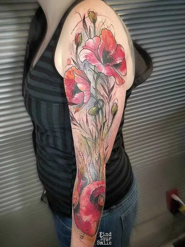 female color watercolor tattoo auf full sleeve #10082 | Tätowierer Russell Van Schaick