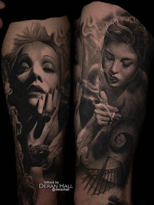 female black and grey realism tattoo auf thigh #12076 | Tätowierer Deran Hall
