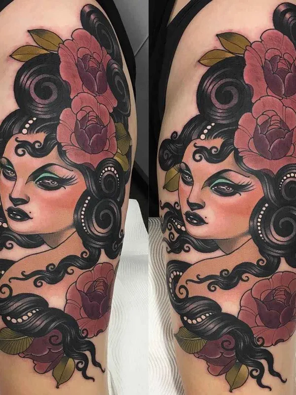 female color neo traditional Tatuaggio su thigh #10636 | Tatuatore Emily Rose Murray