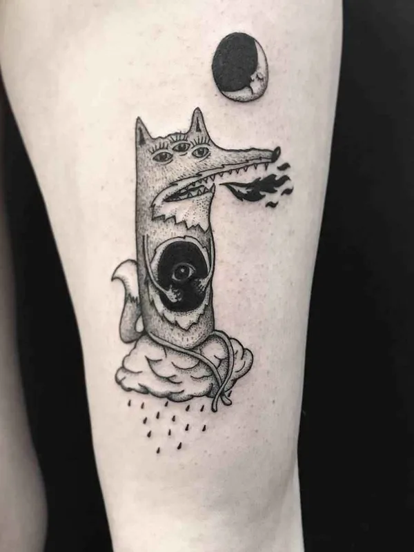 black and grey illustrative татуировка на thigh #12481 | Тату мастер Malikov Andrey