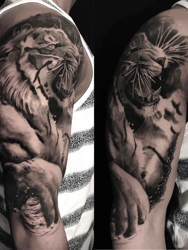 black and grey realism tattoo auf full sleeve #12077 | Tätowierer Deran Hall