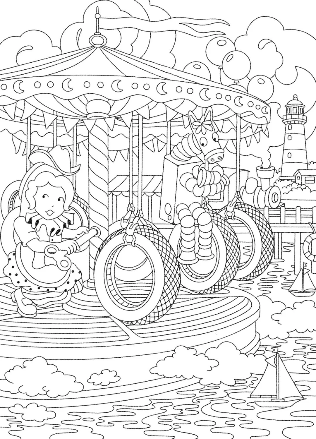 A detailed black and white line drawing of a seaside carousel scene. A curly-haired girl in an apron and striped dress holds a steering wheel. The carousel roof is decorated with crescent moons and pennant banners, and its seats are large tyres. A stylised horse holds balloons. In the background, a