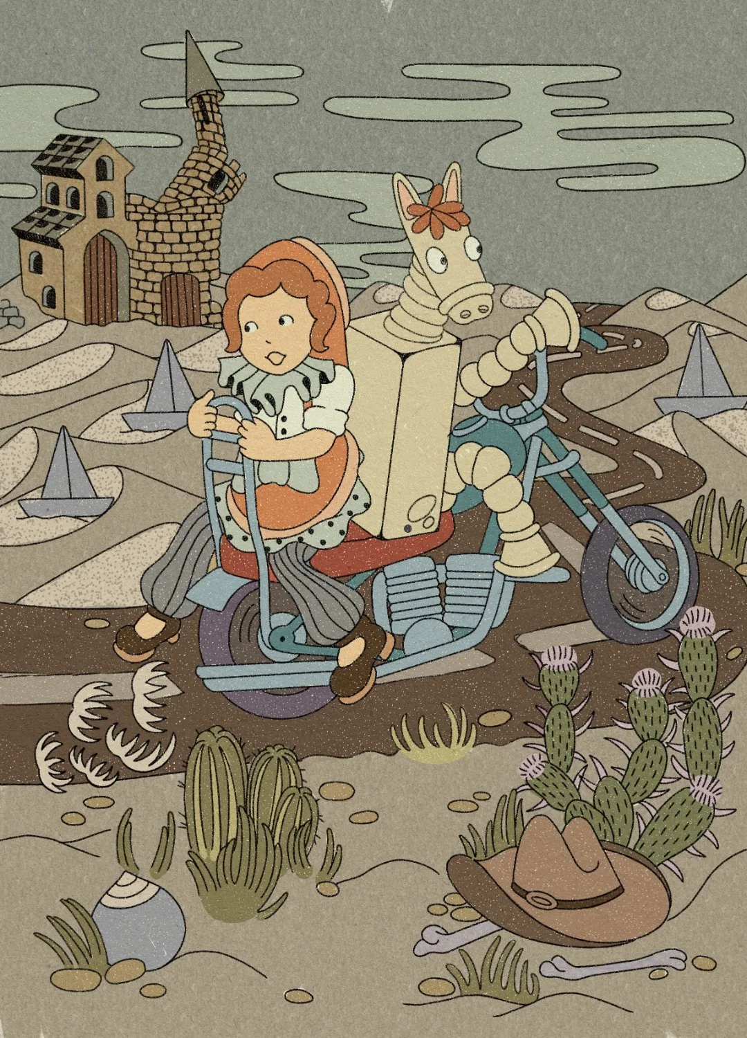 A textured, screen-print-style illustration of a red-haired girl in an orange apron steering a motorcycle through sandy desert hills. A boxy toy horse head sits in a cardboard box behind her. Cacti, small sailboats, a castle, a cowboy hat, and bones populate the background. The palette is muted eart
