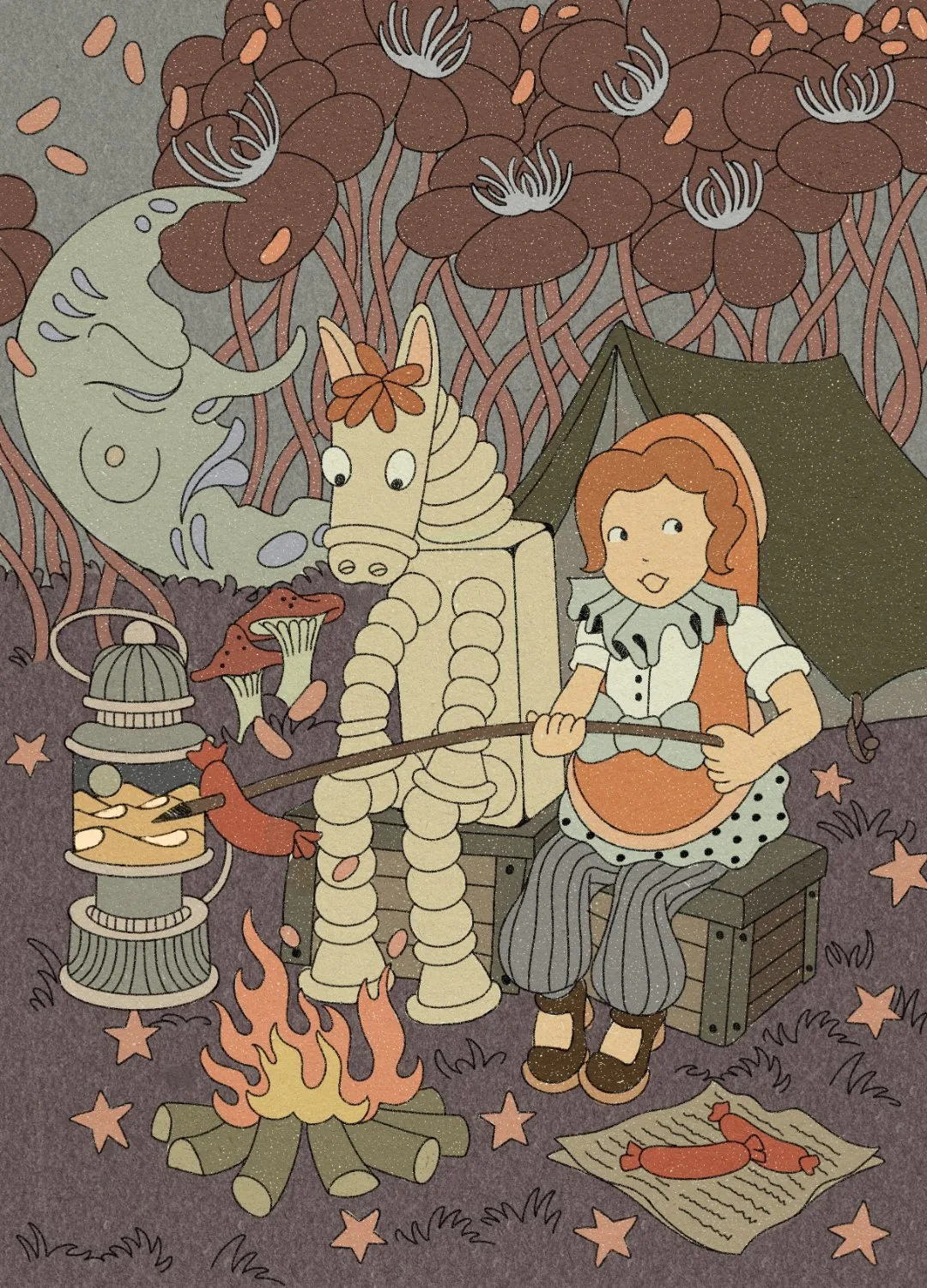 A vintage-style illustrated scene with muted earthy tones. A red-haired girl in an orange apron sits on a wooden crate holding a stick over a campfire. A beige toy horse sits beside her doing the same. A green tent, an anthropomorphic crescent moon, large stylised flowers, a lantern, mushrooms, and