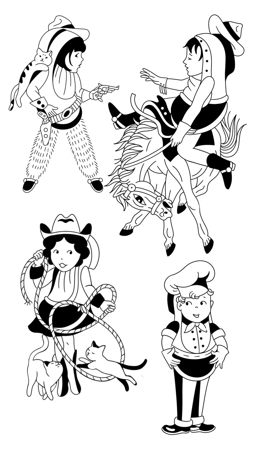 A black and white illustration sheet showing four stylised figures in bold outline. Top left: a child in cowboy hat and chaps pointing a revolver with a striped cat on their shoulder. Top right: a child on a galloping horse with flowing mane. Bottom left: a cowgirl in hat and skirt holding a lasso w