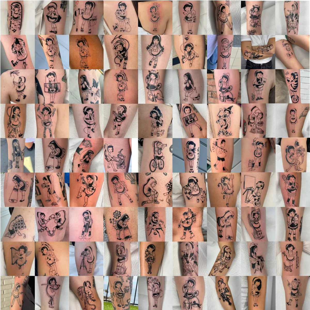 A grid collage of multiple black and white tattoo photographs. Each shows a stylised young girl figure in various outfits and activities, rendered in bold illustrative linework. The characters appear on different body parts across multiple clients. The style is consistent throughout: clean outlines,