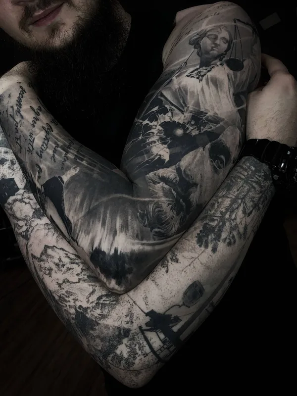 male black and grey black and grey Tatuagem em full sleeve #27397 | Tatuador Alex Oberov