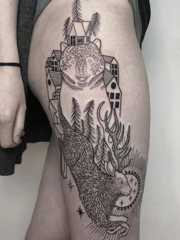 female black and grey linework татуировка на thigh #47699 | Тату мастер Jessi