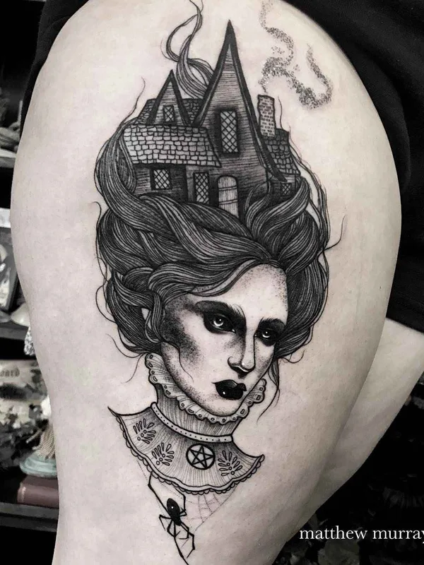 female black and grey blackwork tatuaje en thigh #10604 | Tatuador Matthew Murray