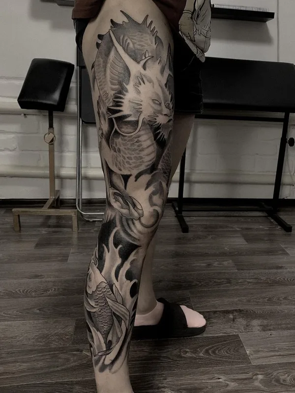 black and grey japanese tattoo on full leg #51780 | Tattoo Artist Юлия Левицкая