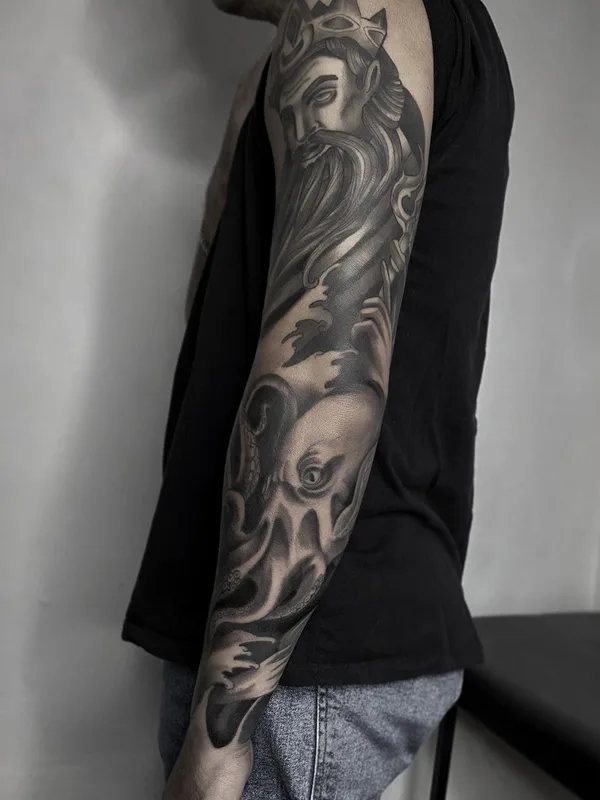 male black and grey realism tattoo on full sleeve #51779 | Tattoo Artist Юлия Левицкая