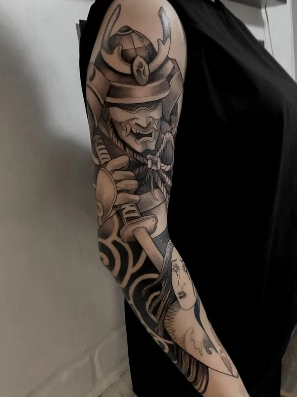 black and grey japanese tattoo on full sleeve #51781 | Tattoo Artist Юлия Левицкая
