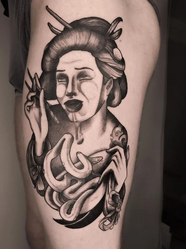 female black and grey black and grey tattoo on thigh #51784 | Tattoo Artist Юлия Левицкая