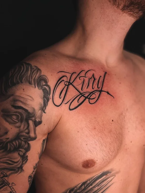male black and grey calligraphy татуировка на chest #51849 | Тату мастер Макс @meow.tattooer