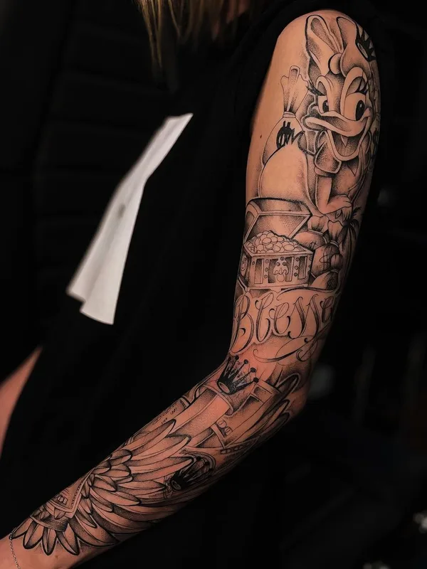 female black and grey black and grey татуировка на full sleeve #51851 | Тату мастер Макс @meow.tattooer