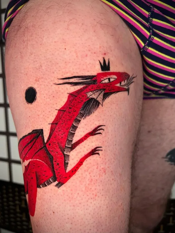 color illustrative tattoo auf thigh #65265 | Tätowierer Funky Boy Tattoo