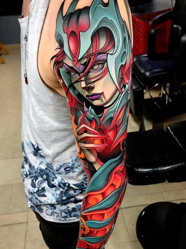 men color neotraditional татуировка на full sleeve #29549 | Тату мастер Juan David Rendón