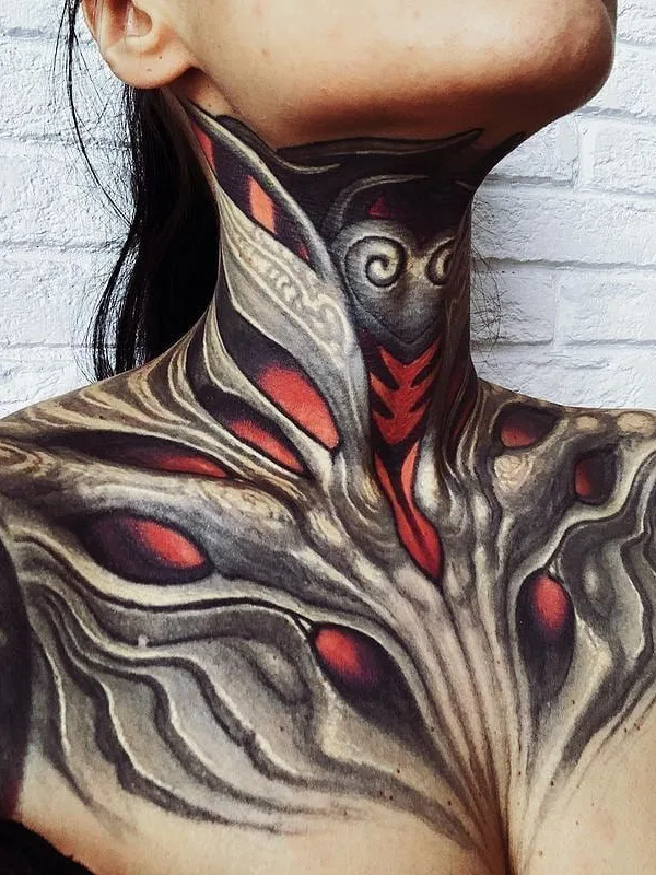 female color biomechanical tattoo on neck #40654 | Tattoo Artist Степан Негур