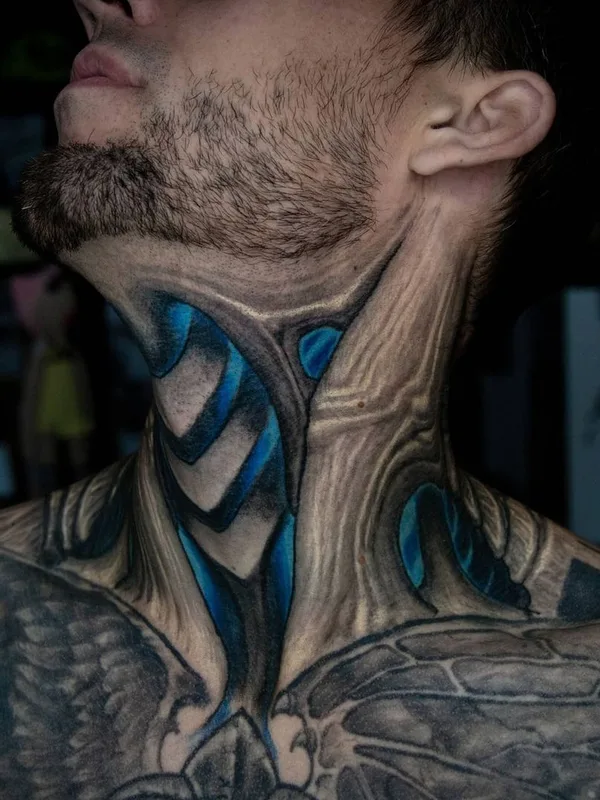 male color biomechanical tattoo on neck #40659 | Tattoo Artist Степан Негур