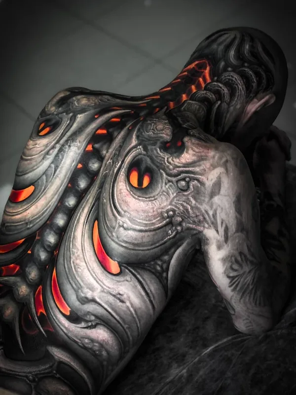 color biomechanical tattoo on full back #40653 | Tattoo Artist Степан Негур