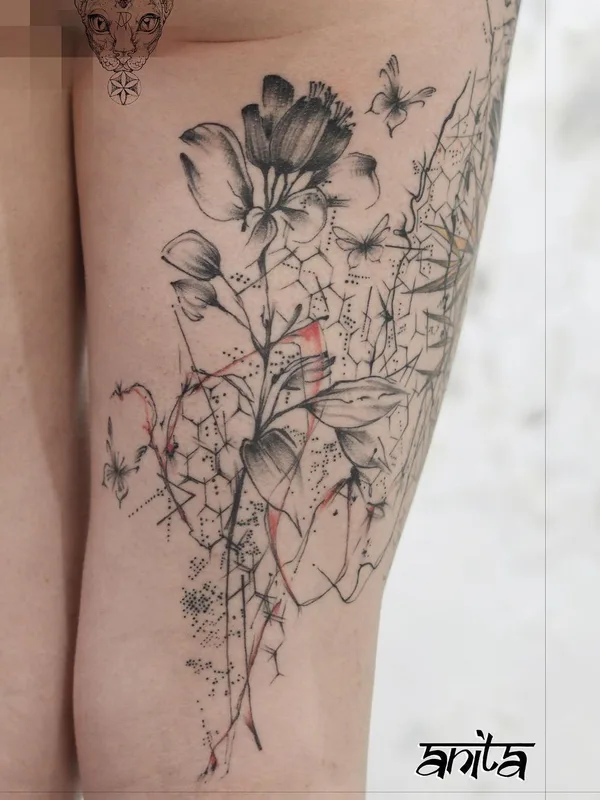 female black and grey sketch tattoo on thigh #57203 | Tattoo Artist Anita Rossi