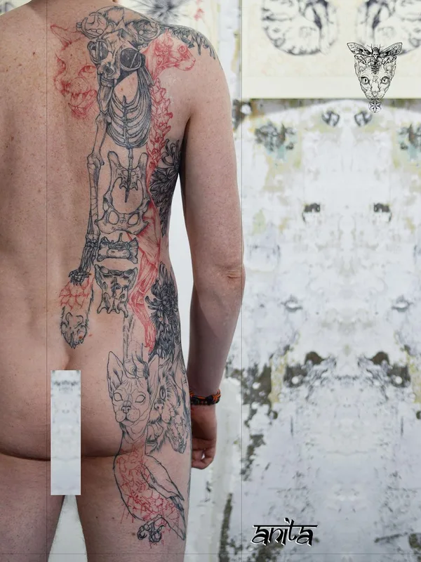 black and grey sketch tattoo on full back #57207 | Tattoo Artist Anita Rossi