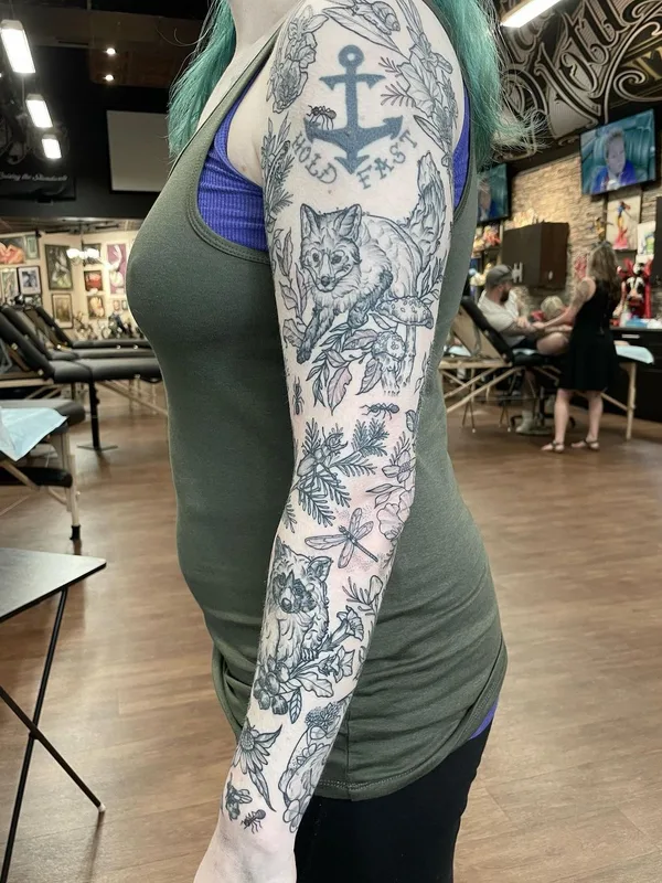 female black and grey blackwork 纹身 在 full sleeve #57251 | 纹身师 Kirsten Marsden Ballantyne