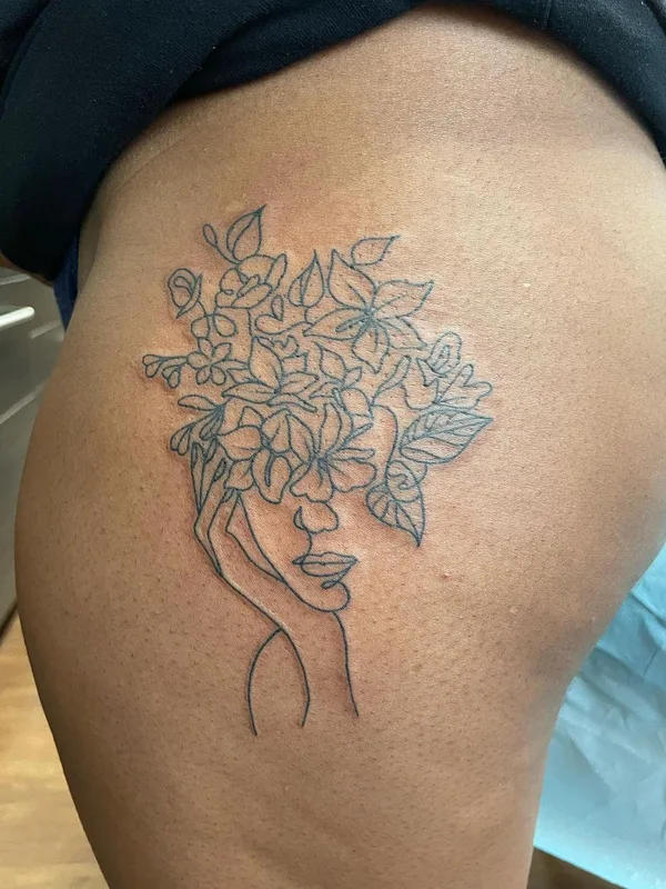 female black linework 纹身 在 thigh #57253 | 纹身师 Kirsten Marsden Ballantyne