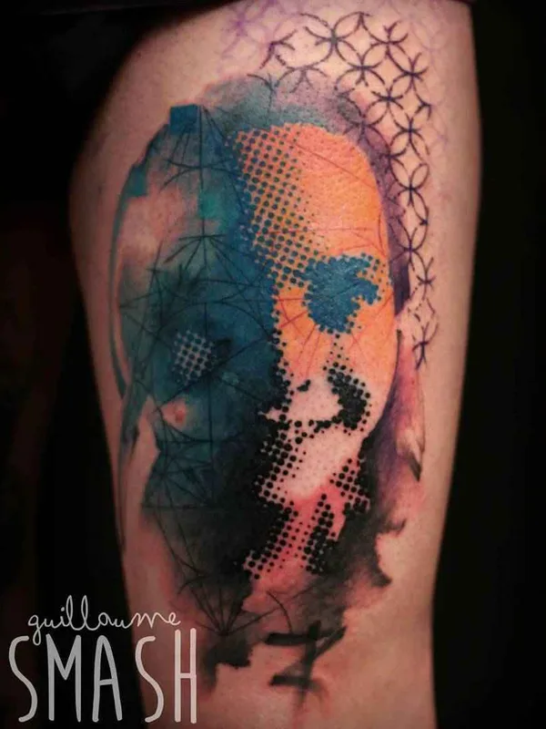 color abstract татуировка на thigh #16635 | Тату мастер Guillaume Smash