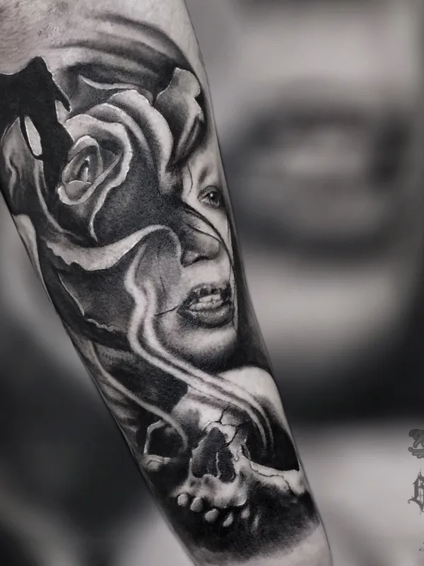 black and grey black and grey 纹身 在 forearm #37466 | 纹身师 Михаил Гуров
