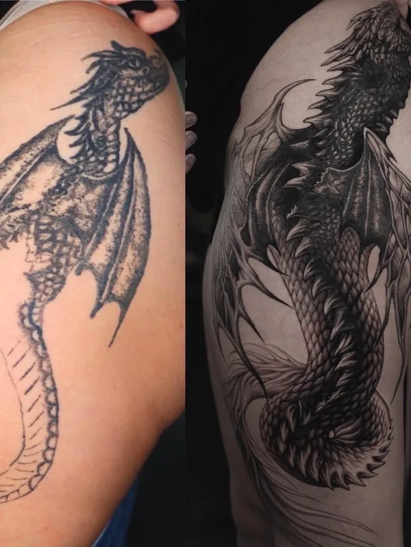black and grey black and grey tattoo auf thigh #59018 | Tätowierer Park Tattooer
