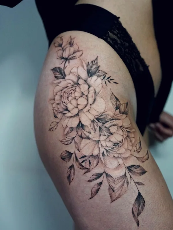 female black and grey botanic 타투 부위 thigh #43151 | 타투이스트 Daira Pukite