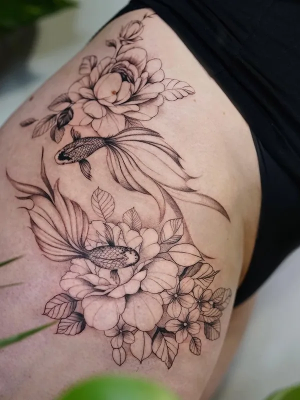 black and grey fineline 타투 부위 thigh #43159 | 타투이스트 Daira Pukite