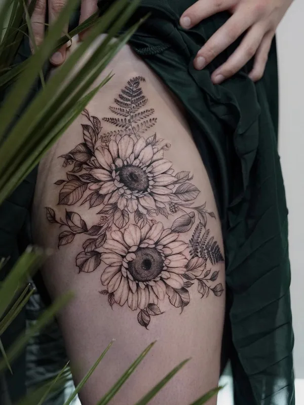 black and grey botanic 타투 부위 thigh #43152 | 타투이스트 Daira Pukite